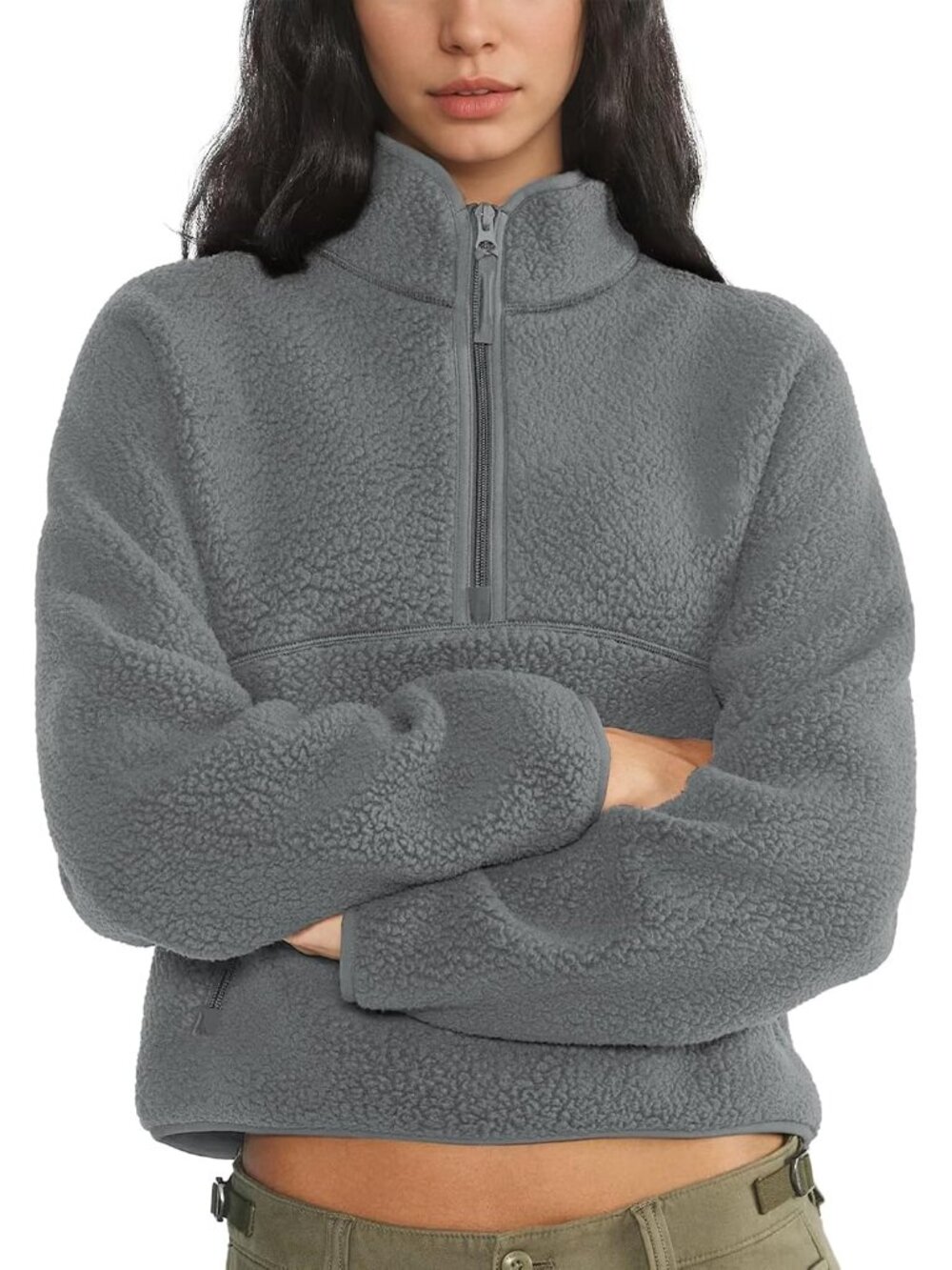 Women Dark Grey 100% Polyester Mock-neck Fuzzy Sherpa Fleece Half-Zip Sweatshirt